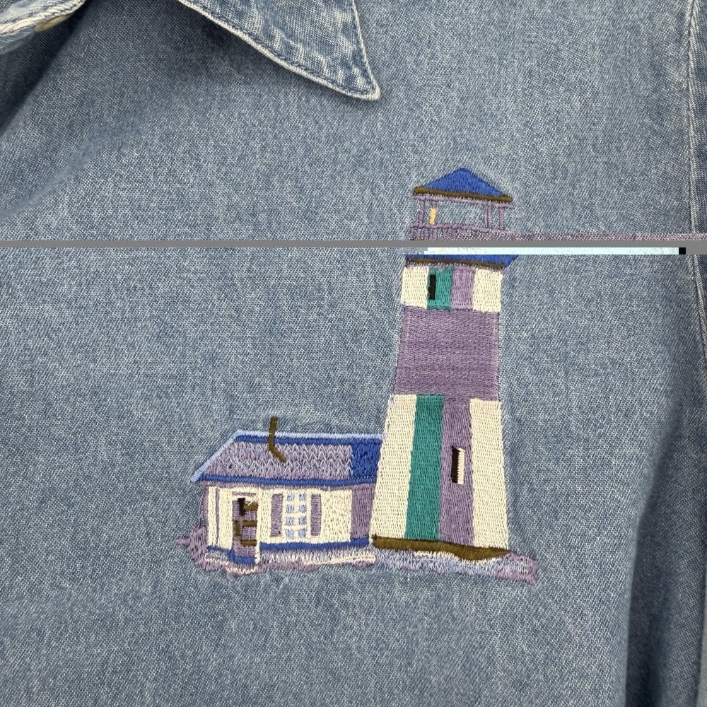 Vintage Blair womens XL lighthouse embroidered denim shirt long sleeve button - Picture 3 of 9